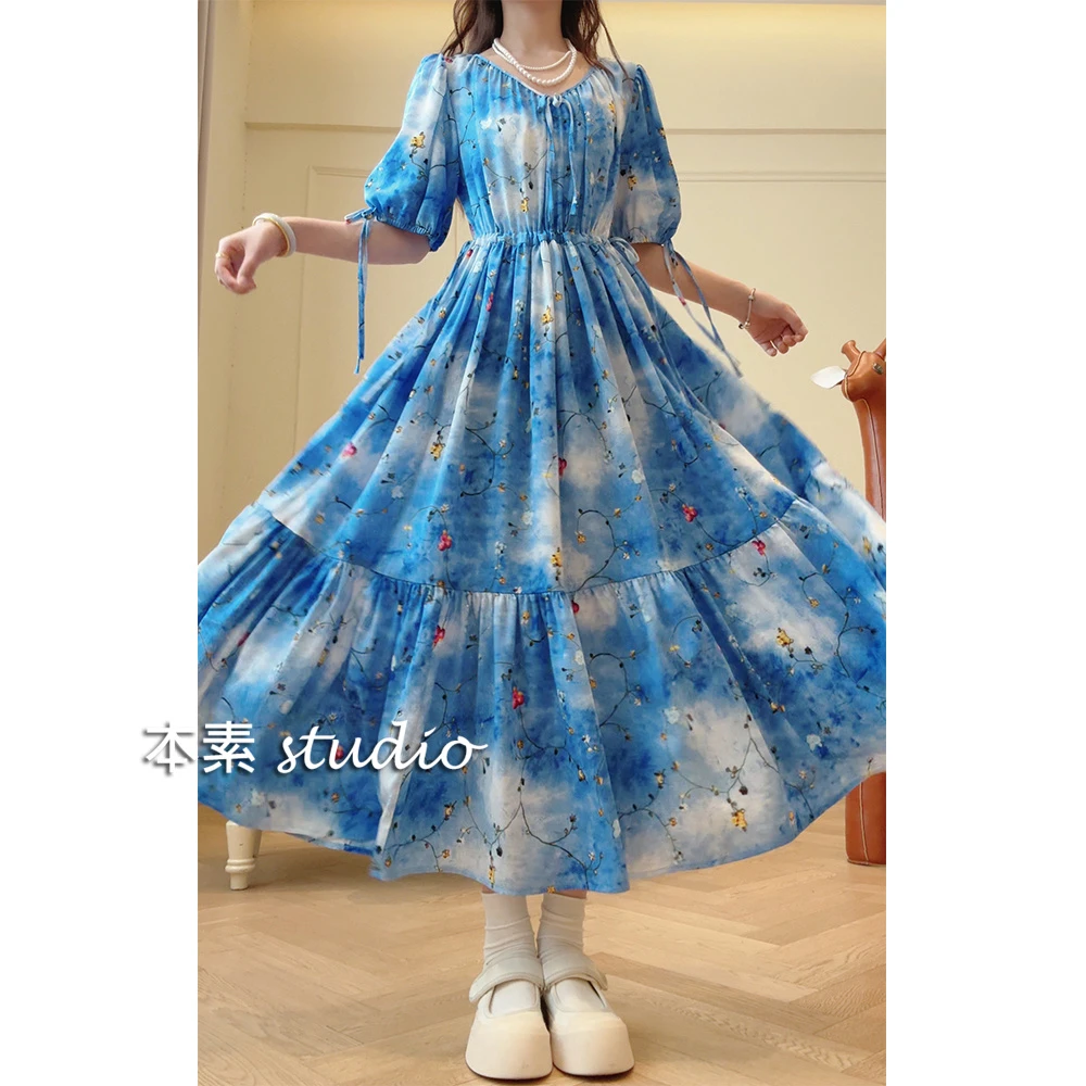 晴空Y2740印花蝴蝶结系带腰侧抽绳V领短袖连衣裙