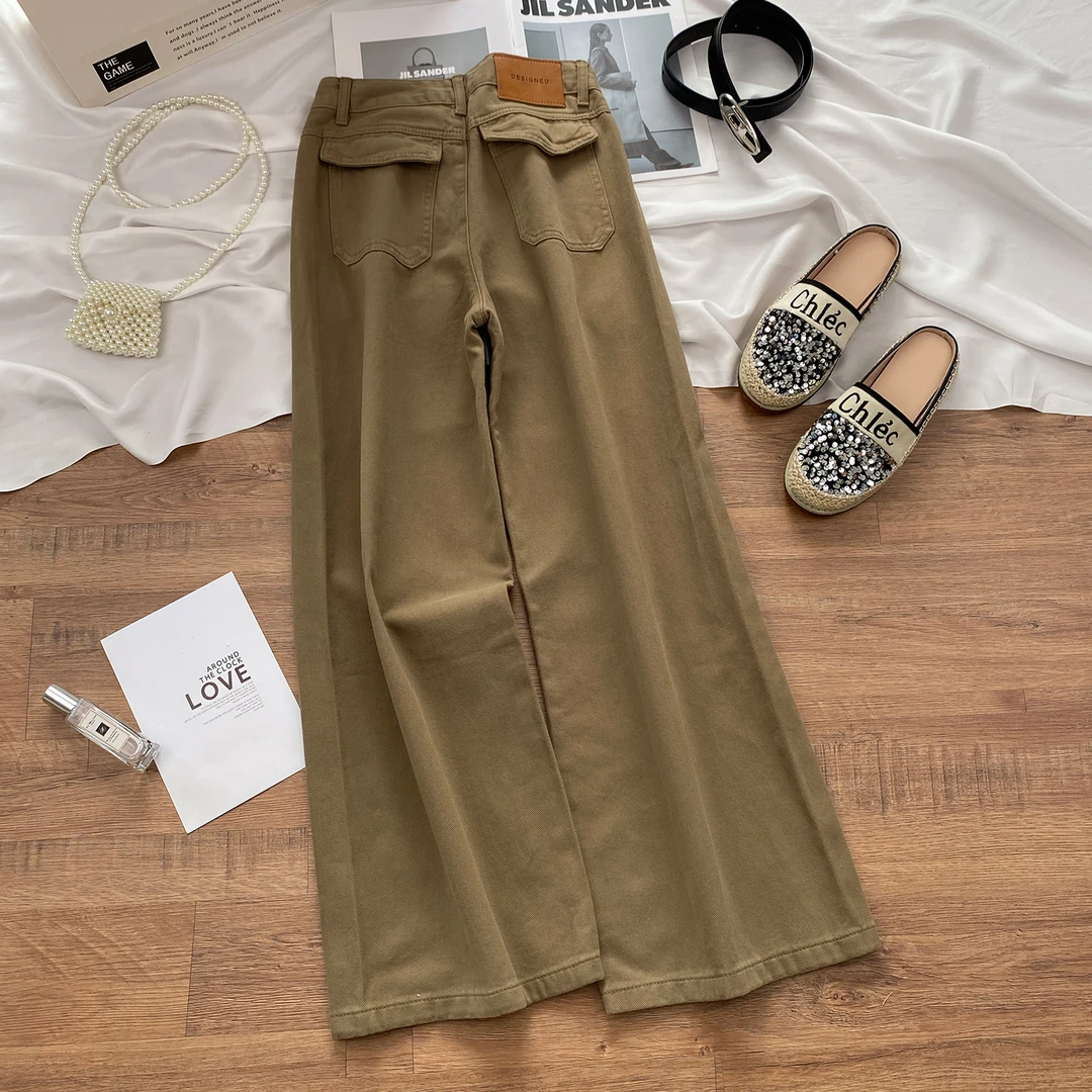 卡其色高腰阔腿弯刀牛仔裤女2025秋季新款百搭复古垂感显瘦直筒裤
