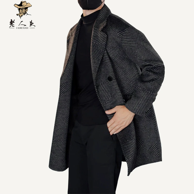 老人头格纹羊毛男大衣双面呢子男外套秋冬宽松休闲男士中长款毛呢
