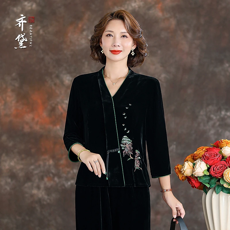 齐黛重要场合丝绒上衣女2025秋季新款刺绣V领长袖真丝桑蚕丝衬衫