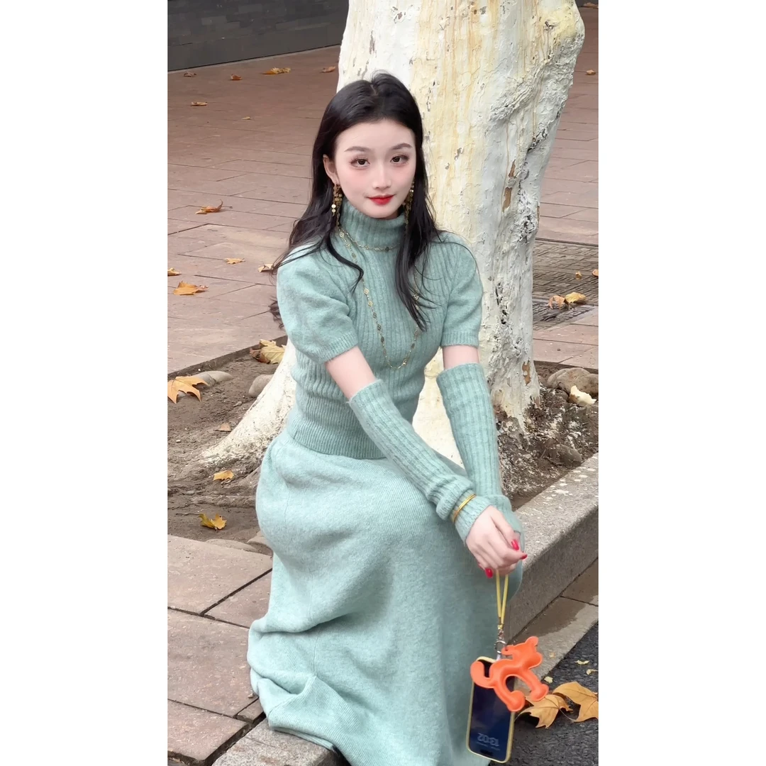 JCC【暗香红颜+运补6】轻奢时尚加厚高领上衣&半裙套装优雅气质