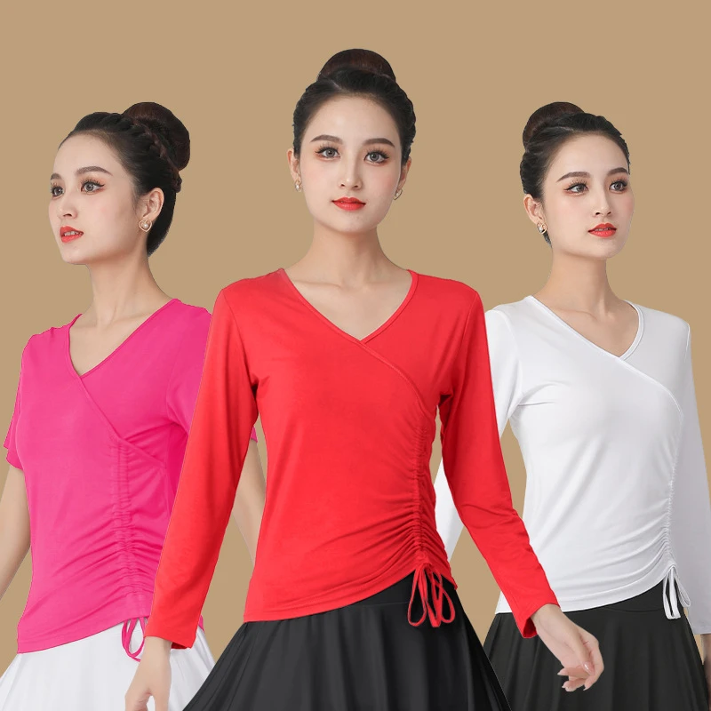 新款广场舞服装领抽绳上衣现代舞舞蹈练功服女长袖形体跳舞衣服M