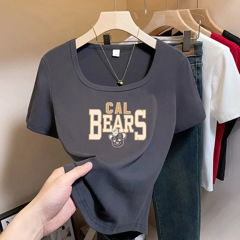 夏季新品捡漏方领t恤女显瘦夏季修身印花设计感弧形百搭洋气上衣