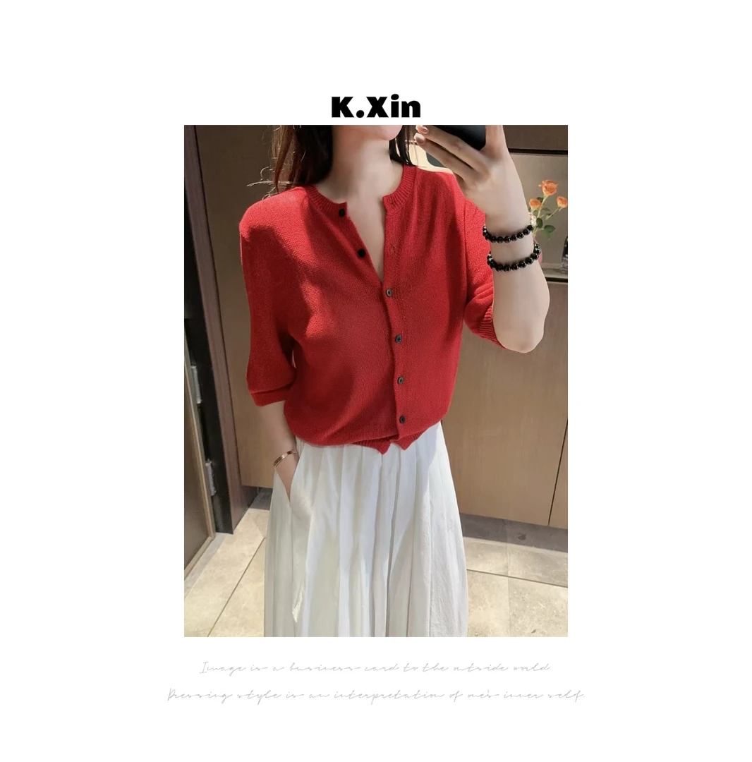 岛国进口和纸正红色系扣针织上衣 七分袖空气感透气老钱I5928