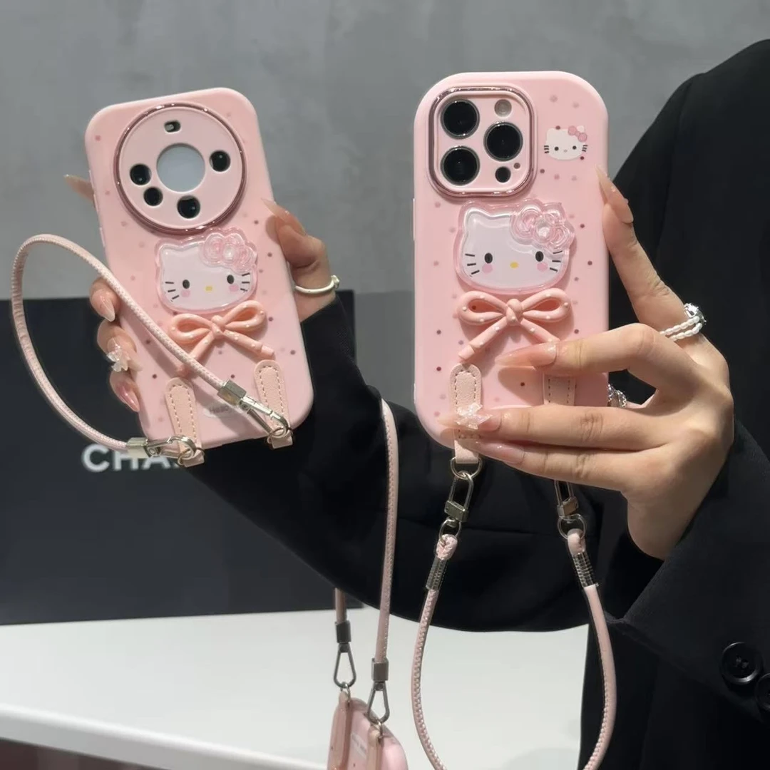 奥菲顿彩波点kt蝴蝶结挂绳适用苹果17胖子手机壳华为vivo小米oppo