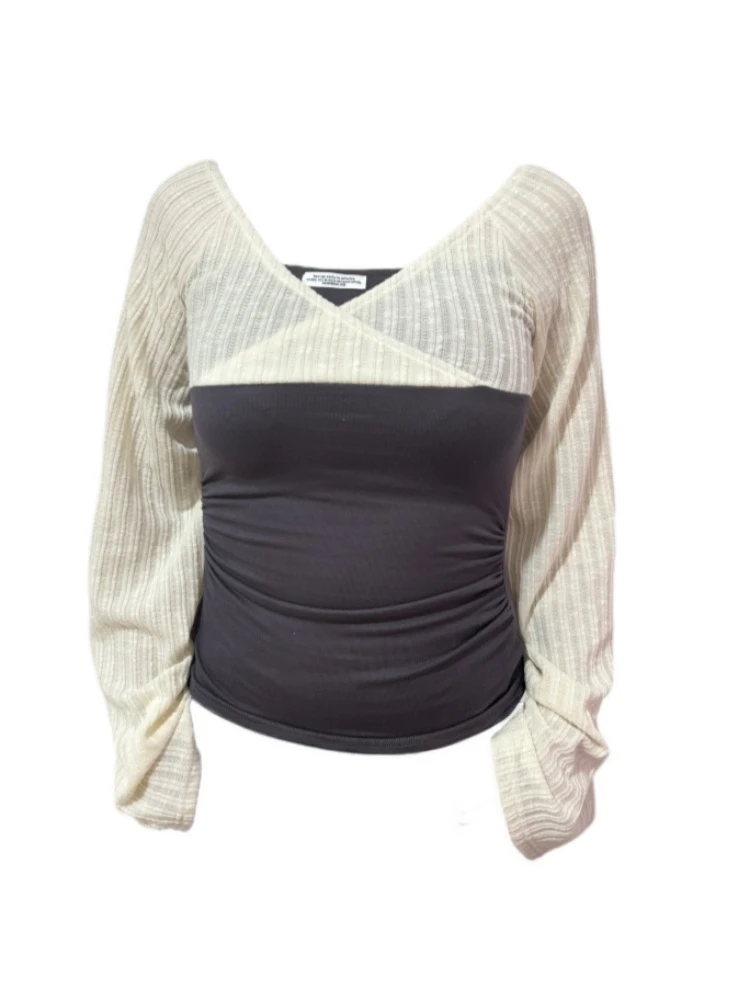 Amy家 辣妹纯欲风假两件一字肩长袖上衣女设计感撞色显瘦针织T恤