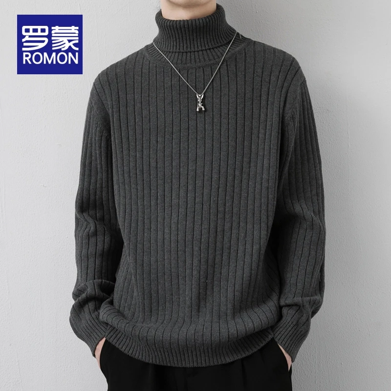 罗蒙轻奢高端竖条纹高领毛衣男款冬季潮流纯色加厚保暖打底针织衫