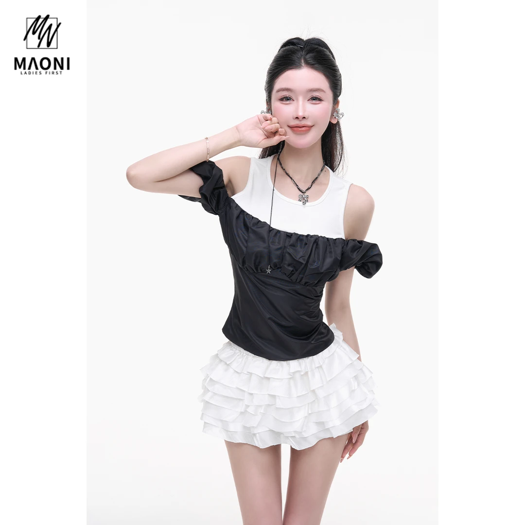 Peshe【双色生辉】拼接荷叶边吊带背心夏季法式露肩上衣L1727