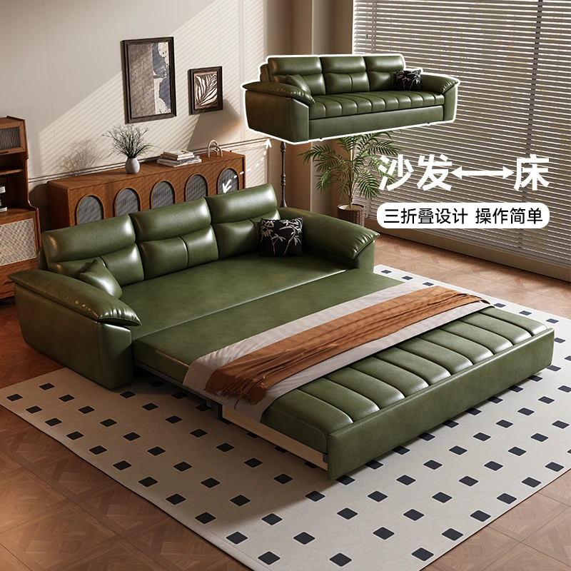 2025新款轻奢中古风沙发床客厅大小户型复古风油蜡皮直排皮沙发