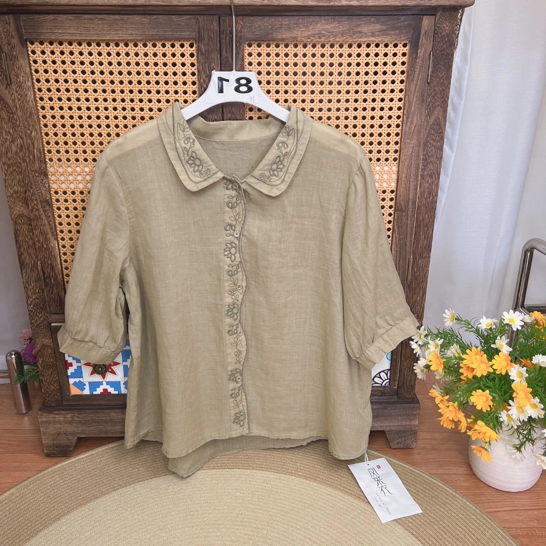 [081拍这里]复古国风刺绣印花苎麻小衫女2025夏新款上衣女休闲风
