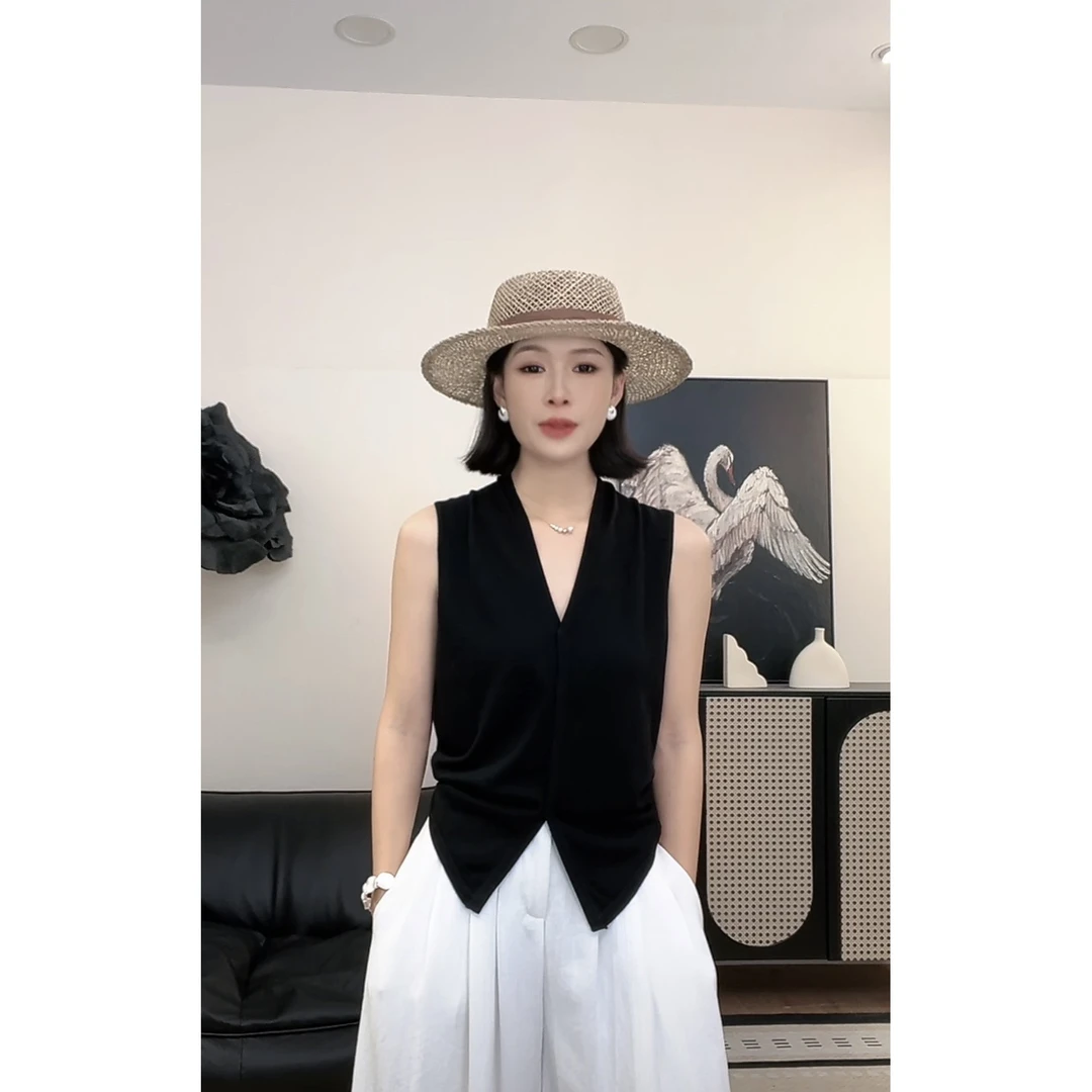 陈啾啾夏季V领无袖开衫百搭上衣简约休闲日常SHBZEH917741