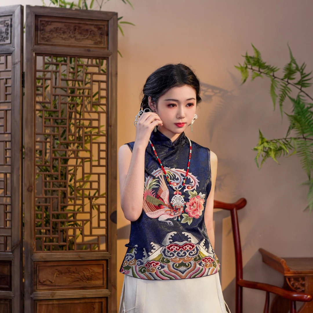 [凤翎]  重工国风刺绣斜襟马甲中式马夹中国风