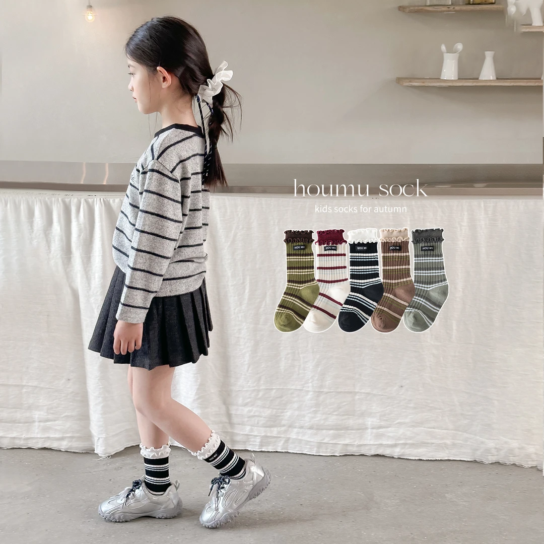 女童袜子春秋款儿童木耳边堆堆袜韩版miu系条纹中大童无骨中筒袜