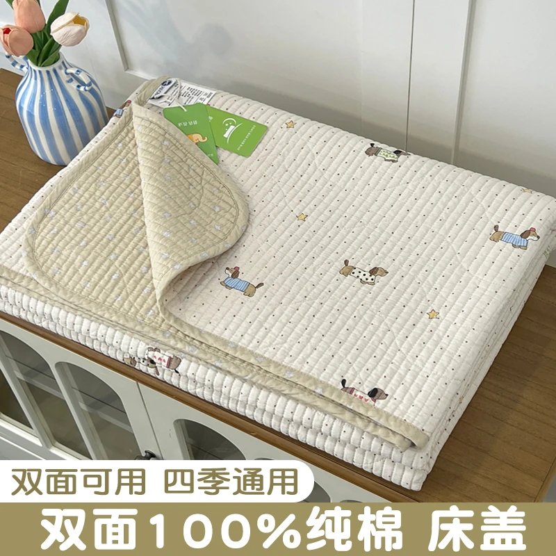 双面100%纯棉砂洗床盖单件加厚款全棉夹棉榻榻米床单四季通用防滑