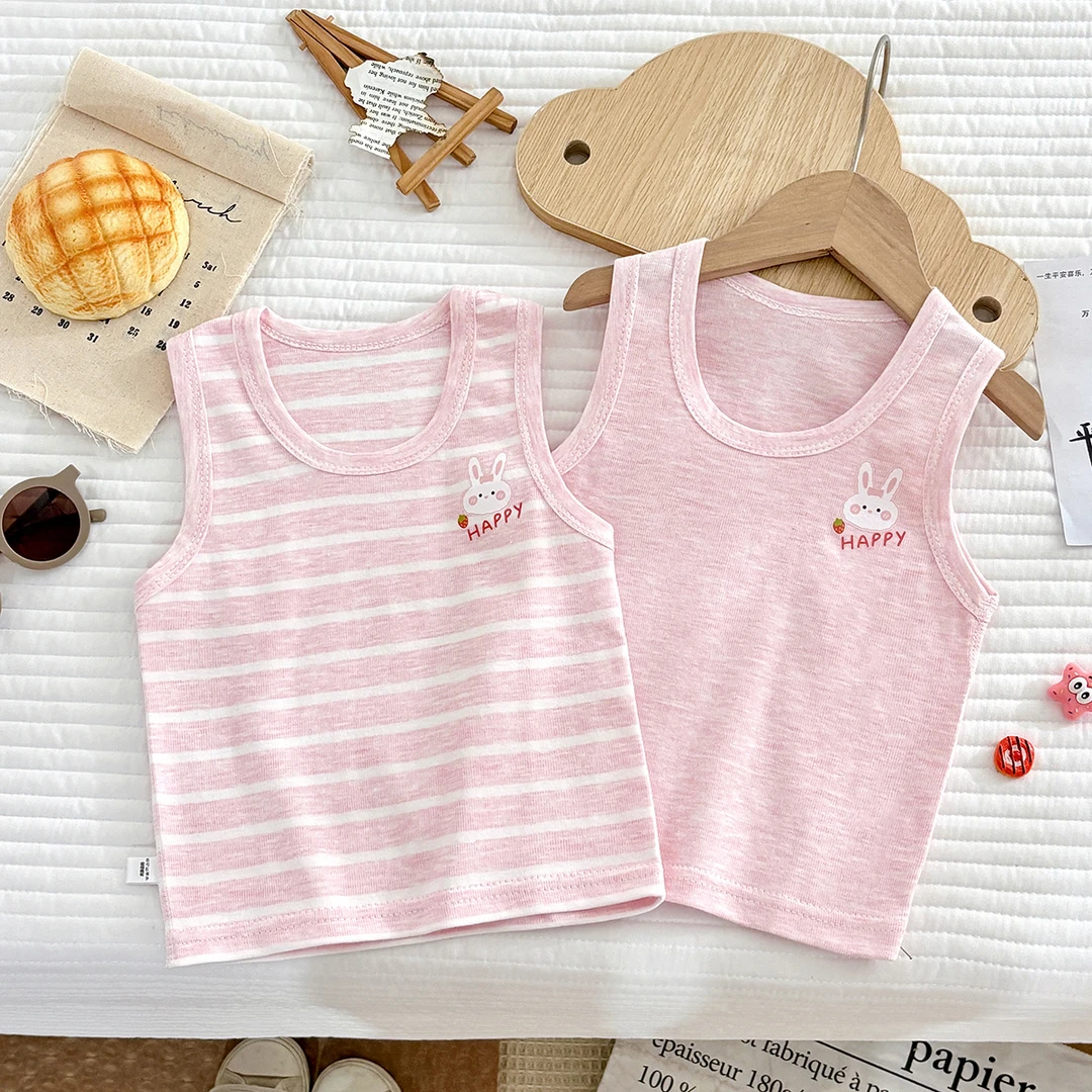 两件装儿童彩棉夏季背心春秋款无袖条纹简约无袖吊圆领背心打底衫