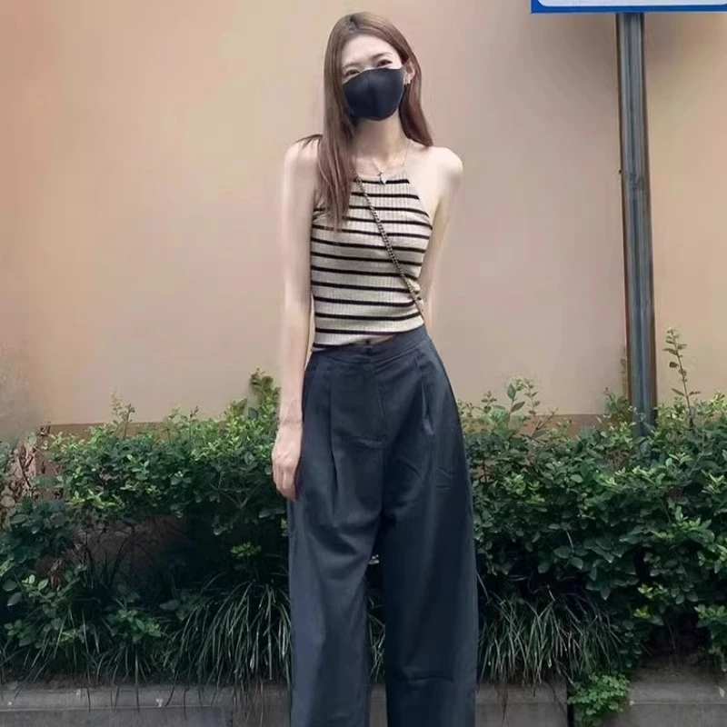 夏季条纹撞色挂脖吊带无袖小背心女内搭美背辣妹短款冰丝针织上衣