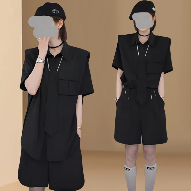 2025夏季美式复古宽松休闲垫肩短袖领带衬衫高腰短裤气质两件套女