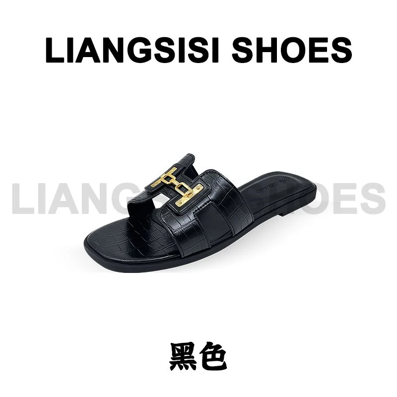 梁思思SHOES2025夏季新款百搭金属扣露趾平底一字拖-660