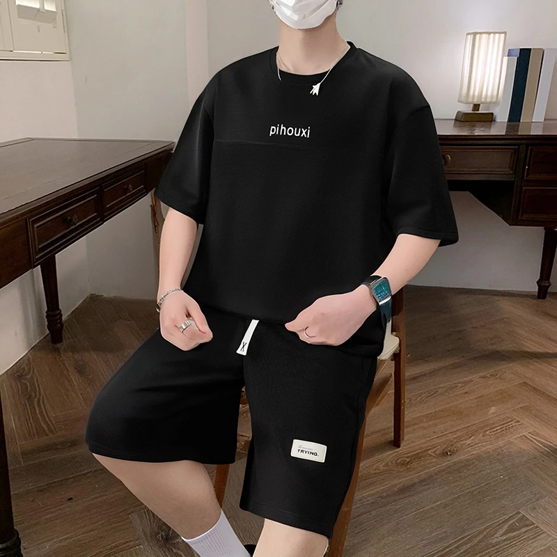 男士时尚穿搭一套帅气短袖短裤宽松衣服夏季速干潮流休闲运动套装