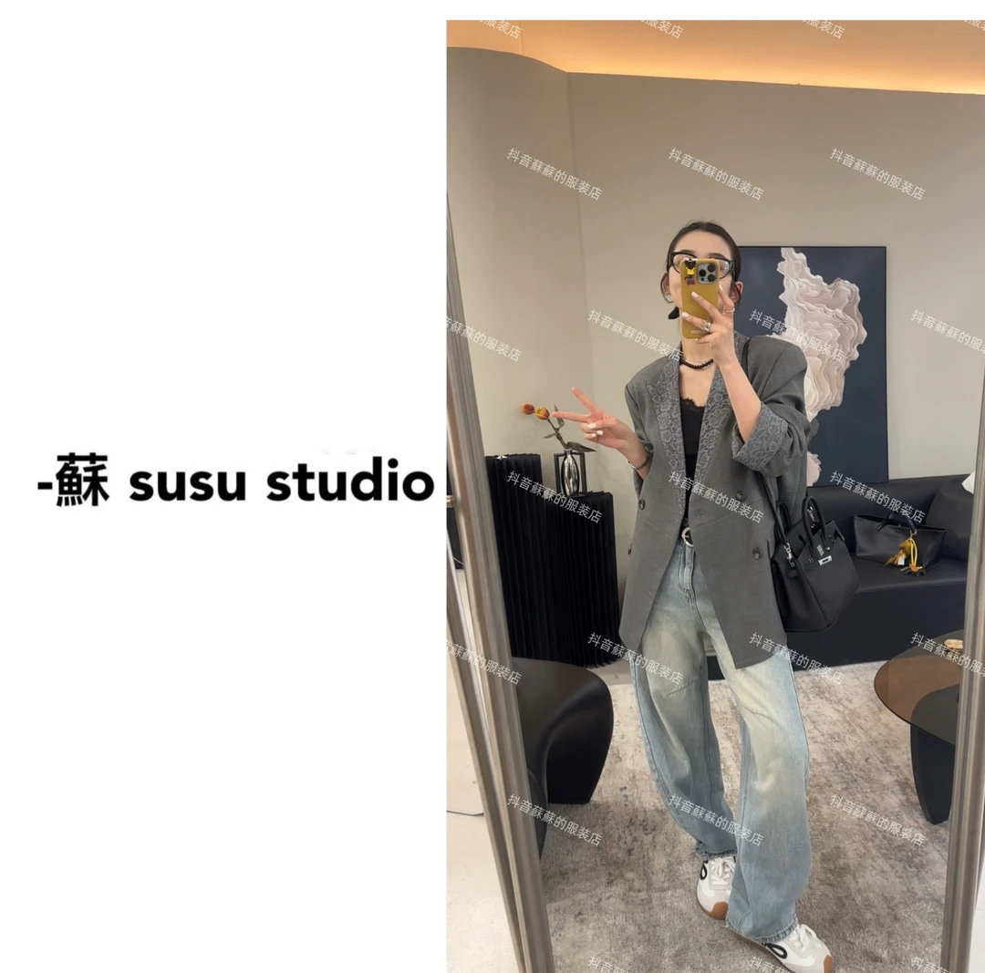 留SU 2025开春新款宽松休闲V领时尚百搭蕾丝领西装G0982