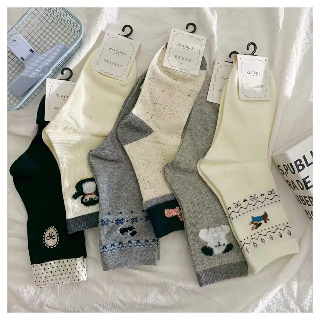 女士精梳棉动物结子女袜六双特惠装