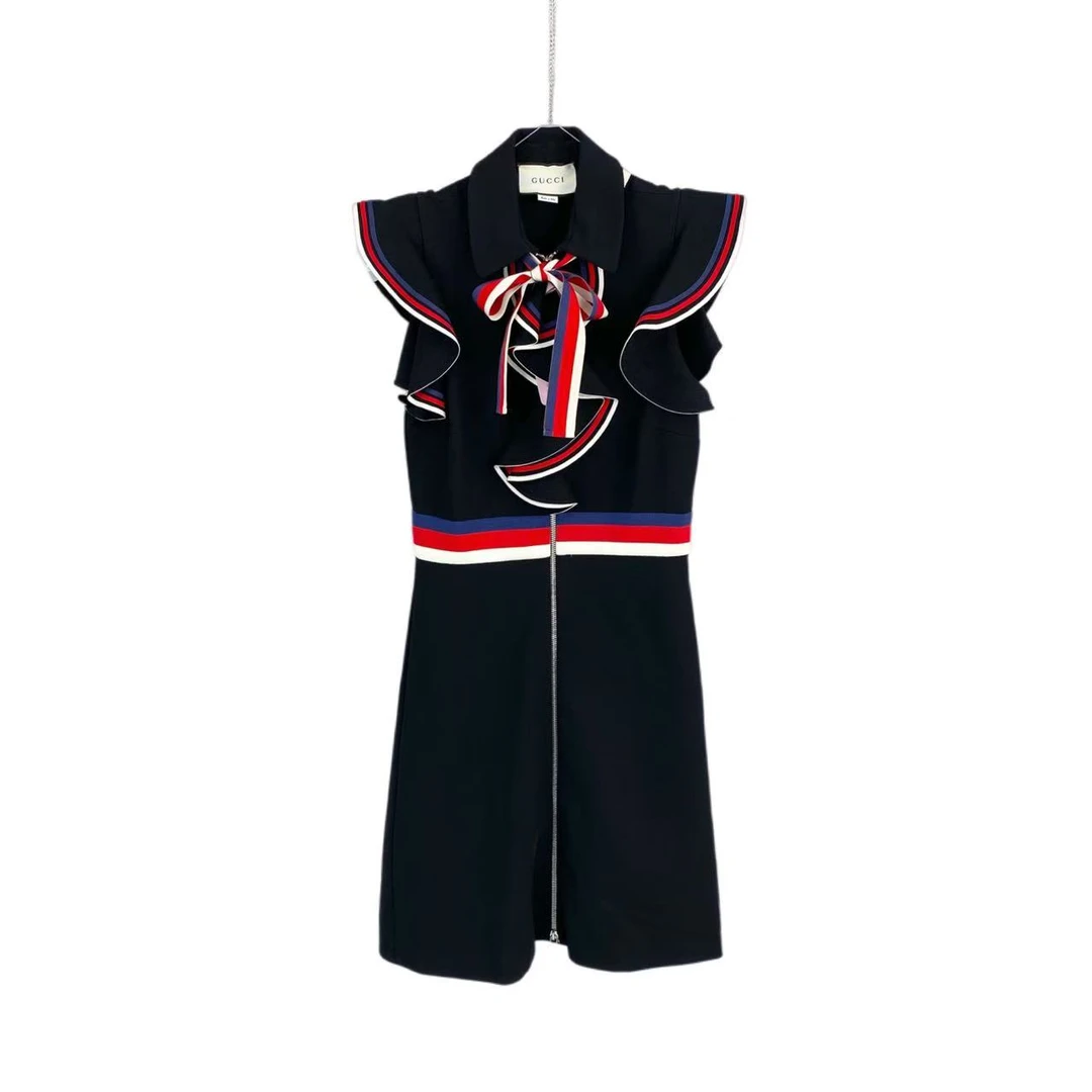 95新 GUCCI/古驰 qq442  粘胶纤维 条纹荷叶边飘带连衣裙 M码