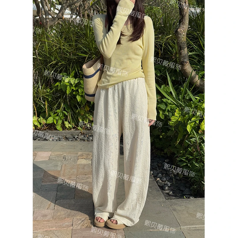 熙贝薇5【仙女裤】2025春季新款立体浮雕提花直筒简约休闲裤 G7192