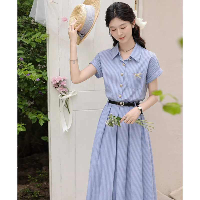 【送腰带】文艺气质时尚蓝色连衣裙女2025新款夏装显瘦裙子D1390