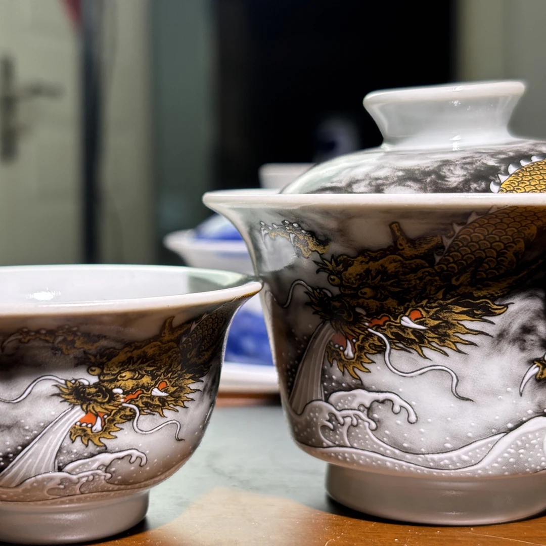 景德镇墨龙金边描龙纹仿元二才盖碗单杯压手杯两件套家用陶瓷茶具