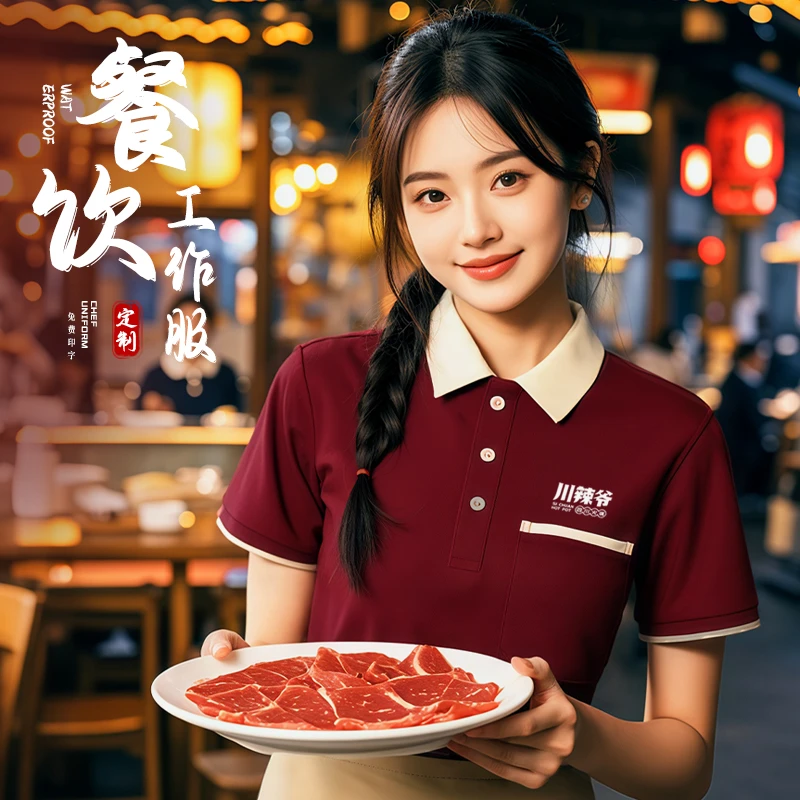 夏季餐饮工装火锅烧烤饭店服务员翻领口袋短袖t恤工装定制印logo