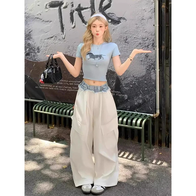 韩系辣妹甜酷风穿搭两件套夏季新款设计感减龄短款T恤阔腿裤套装
