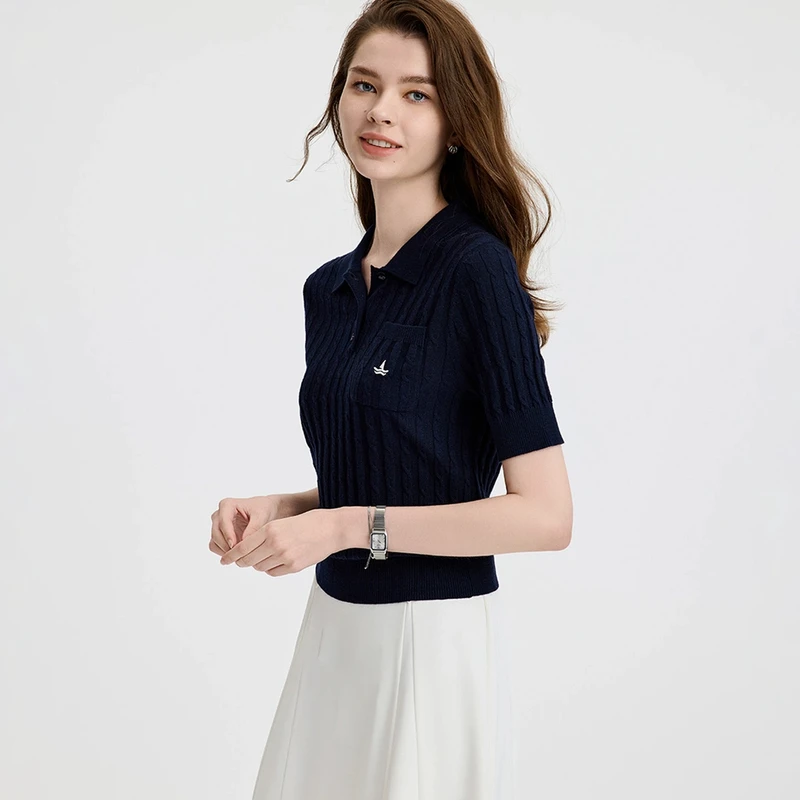 navigare意大利小帆船新品短袖T恤女薄款针织复古绞花翻领上衣夏