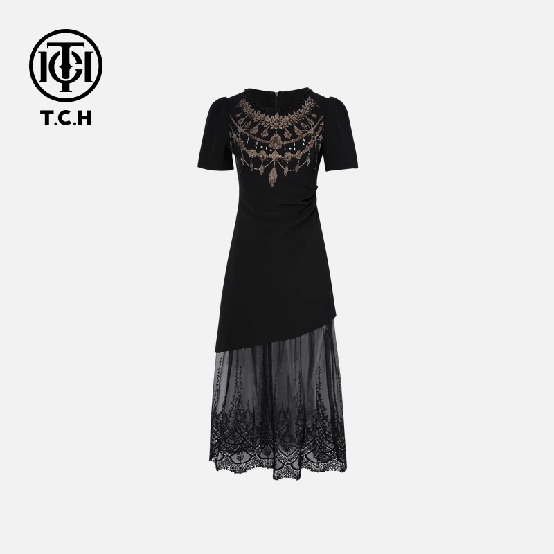 TCH轻奢烫钻工艺时尚气质百搭黑色拼接连衣裙T75B30E1058私服tch