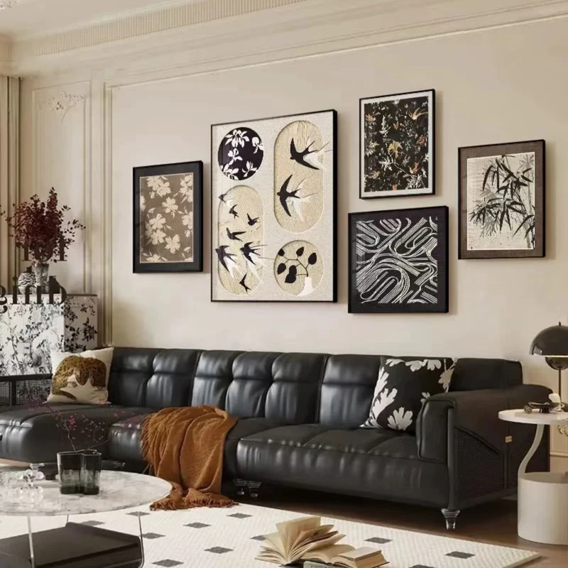 砂岩中古风客厅法式复古沙发背景墙小众卧室组合餐厅画五联组合