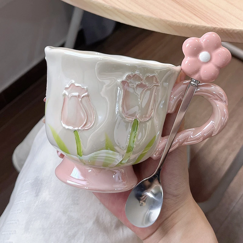 郁金香高脚杯马克杯高颜值陶瓷杯水杯生日礼物送女友流光风伴手礼