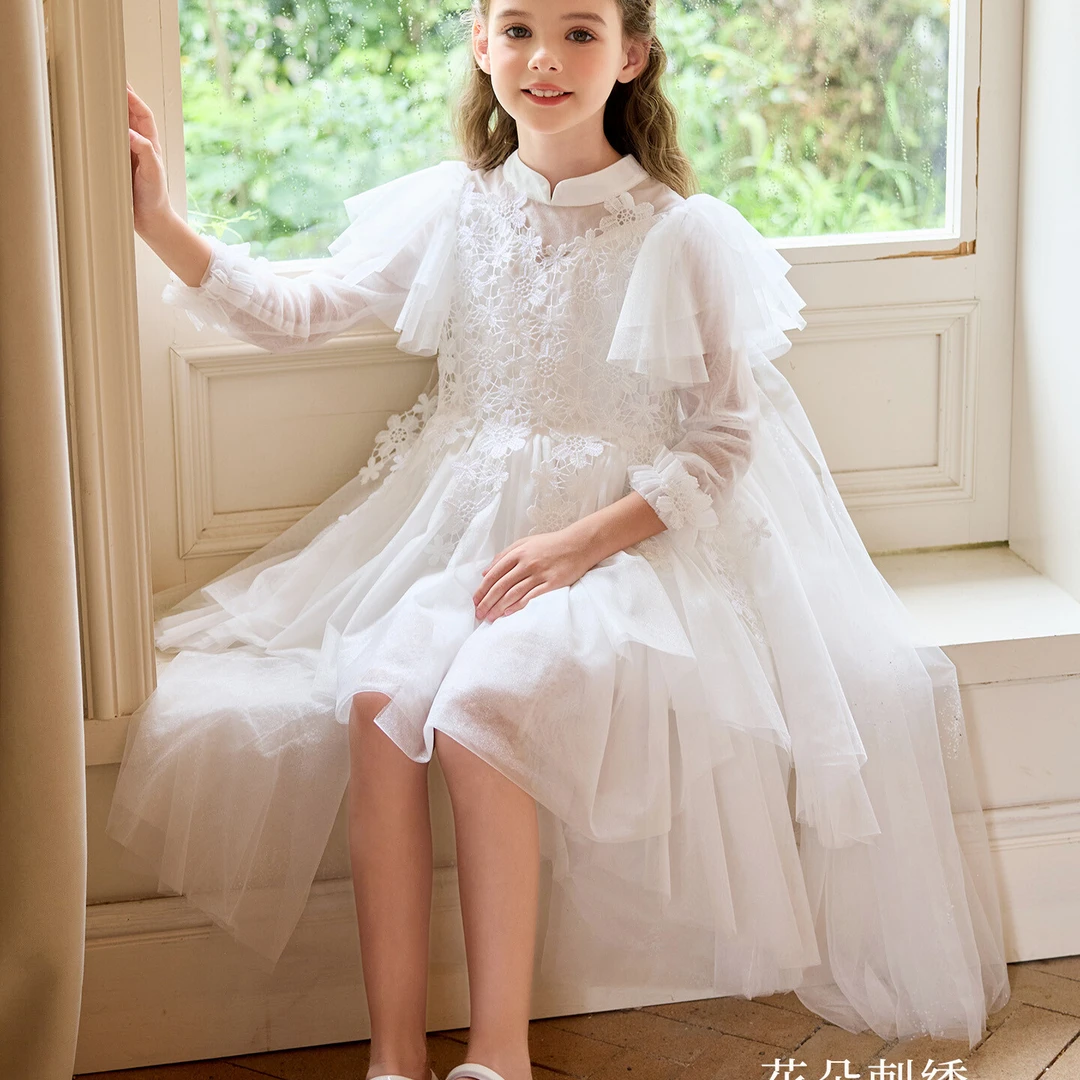 爱安玖女童连衣裙白色拖尾轻奢公主裙秋新款长袖披风可拆AAJ1348X