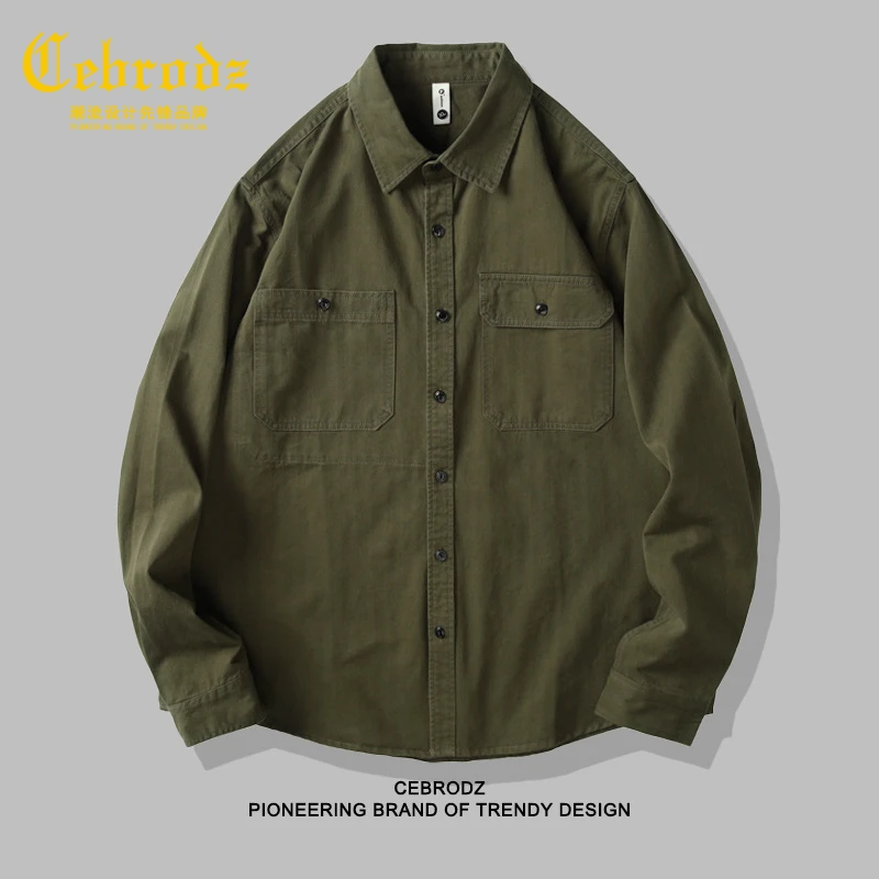 法国Cebrodz秋新款重磅复古全棉工装衬衫男宽松休闲纯色长袖衬