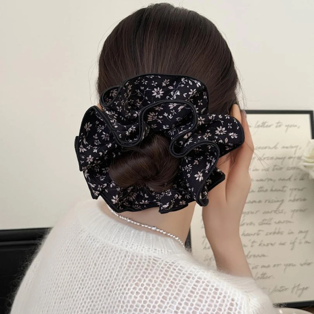 高级感头花发绳复古温柔咖色蓝碎花大肠发圈丸子头欧美风头绳