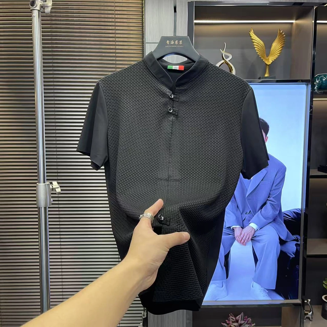 免烫纯色盘口修身型夏季薄款短袖T恤国风商务休闲上衣轻奢短袖