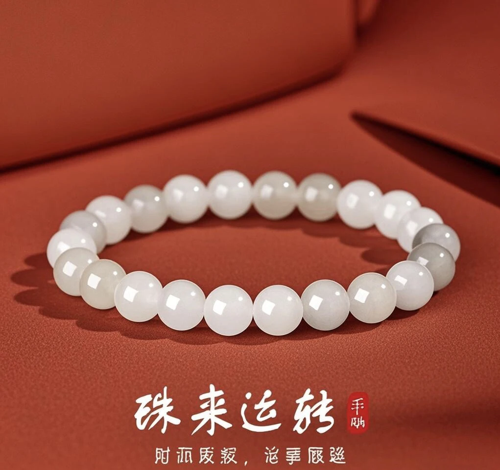 天然新疆天山翠白绿相间渐变清新时尚圆珠手串饰品女款珠宝玉手串