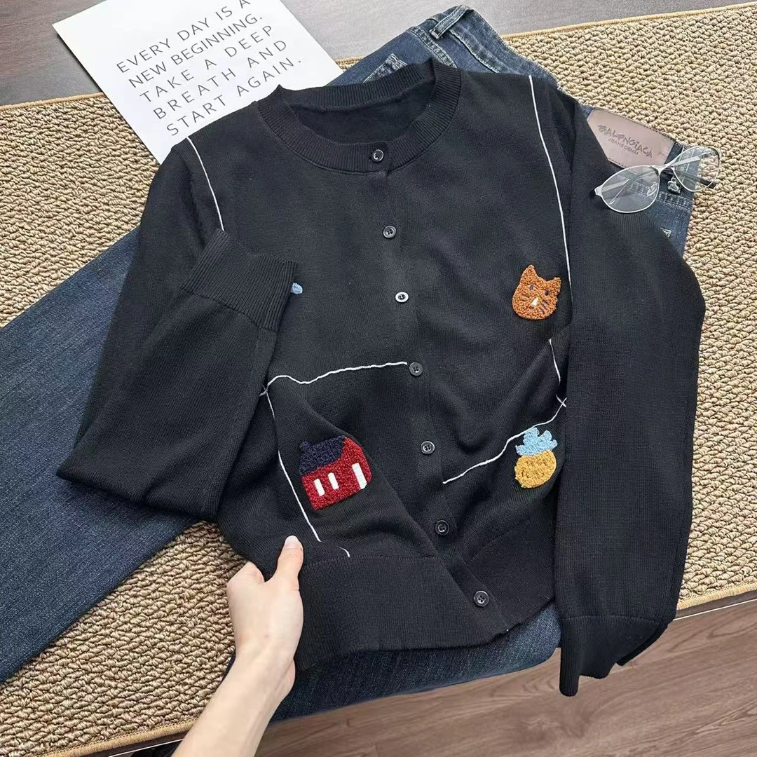 乐园~趣味立体提花~品牌订单！线条设计减龄时尚正肩针织衫Y8360黑