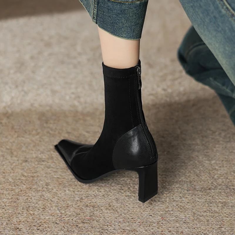 怀鸢'er 进阶时尚~ 法式复古气质方头高跟马丁靴女真皮短筒瘦瘦靴