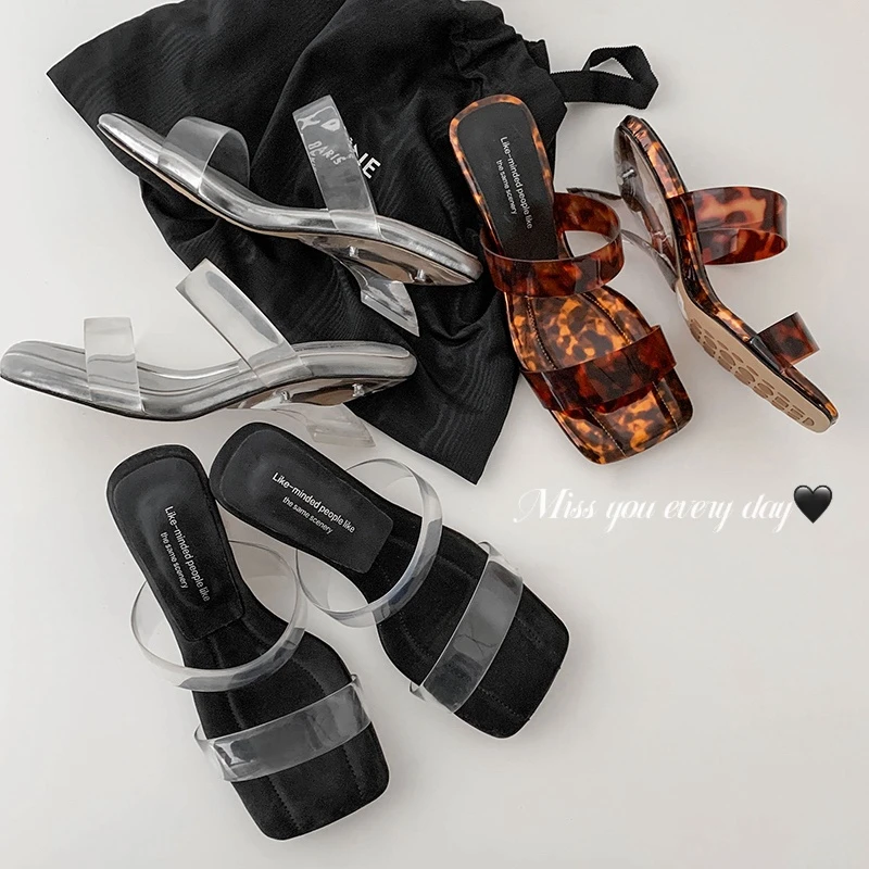 【阿妍】透明高跟鞋女坡跟一字带凉鞋百搭简约法式拖鞋方头凉拖鞋