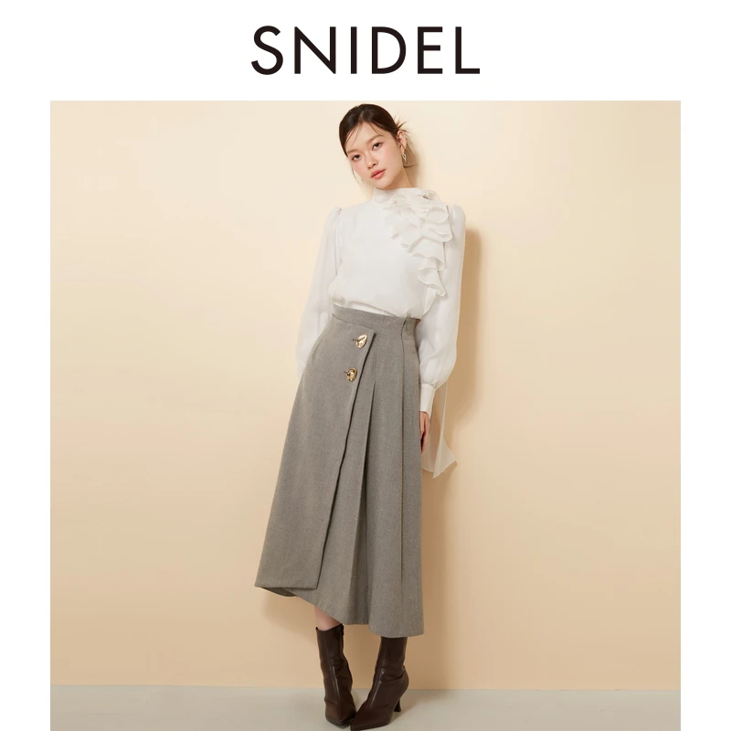 【CC王专属】SNIDEL高腰斜襟压褶A字中长半身裙SWFS245108