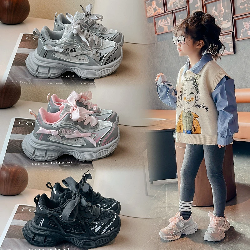 女童运动鞋网面透气2025春季新款儿童鞋子女保暖加绒小女孩老爹鞋