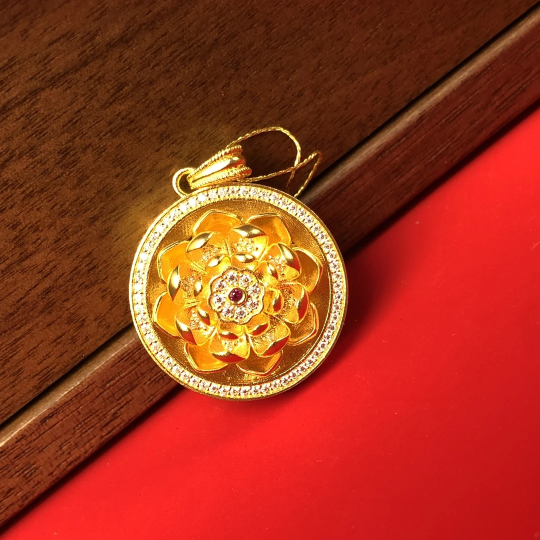 定制黄金足金999珐琅工艺莲花时来古法罗盘吊坠定制