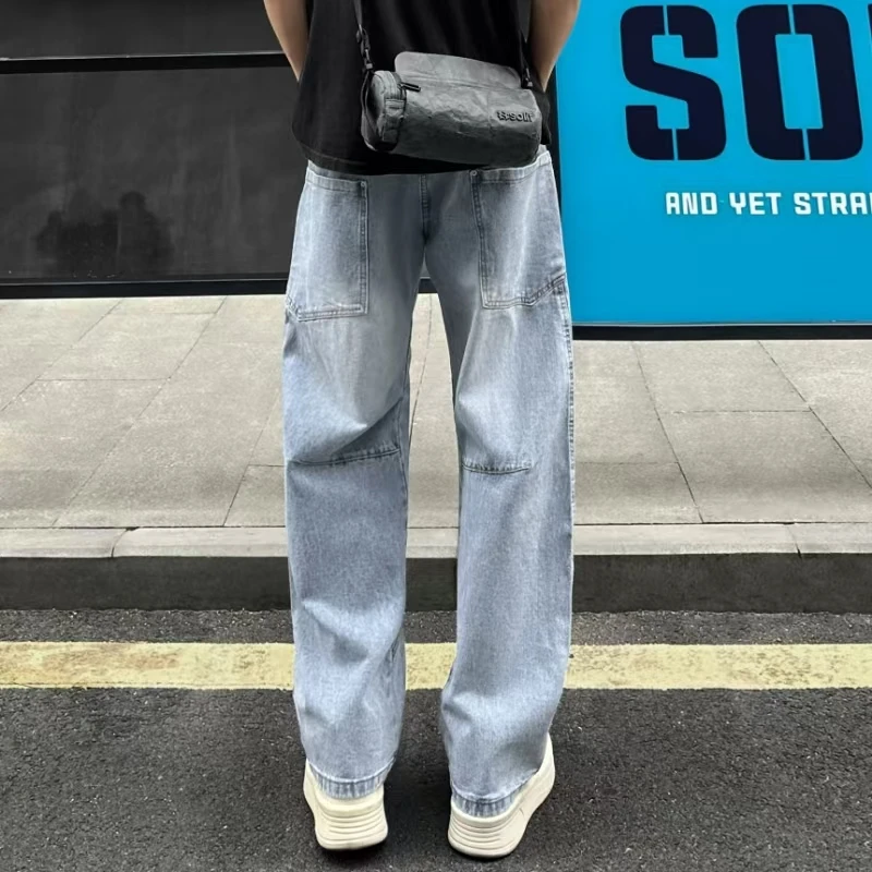 QUALCOMM美式拼接弯刀牛仔长裤男士春季潮流日常百搭直筒阔腿长裤