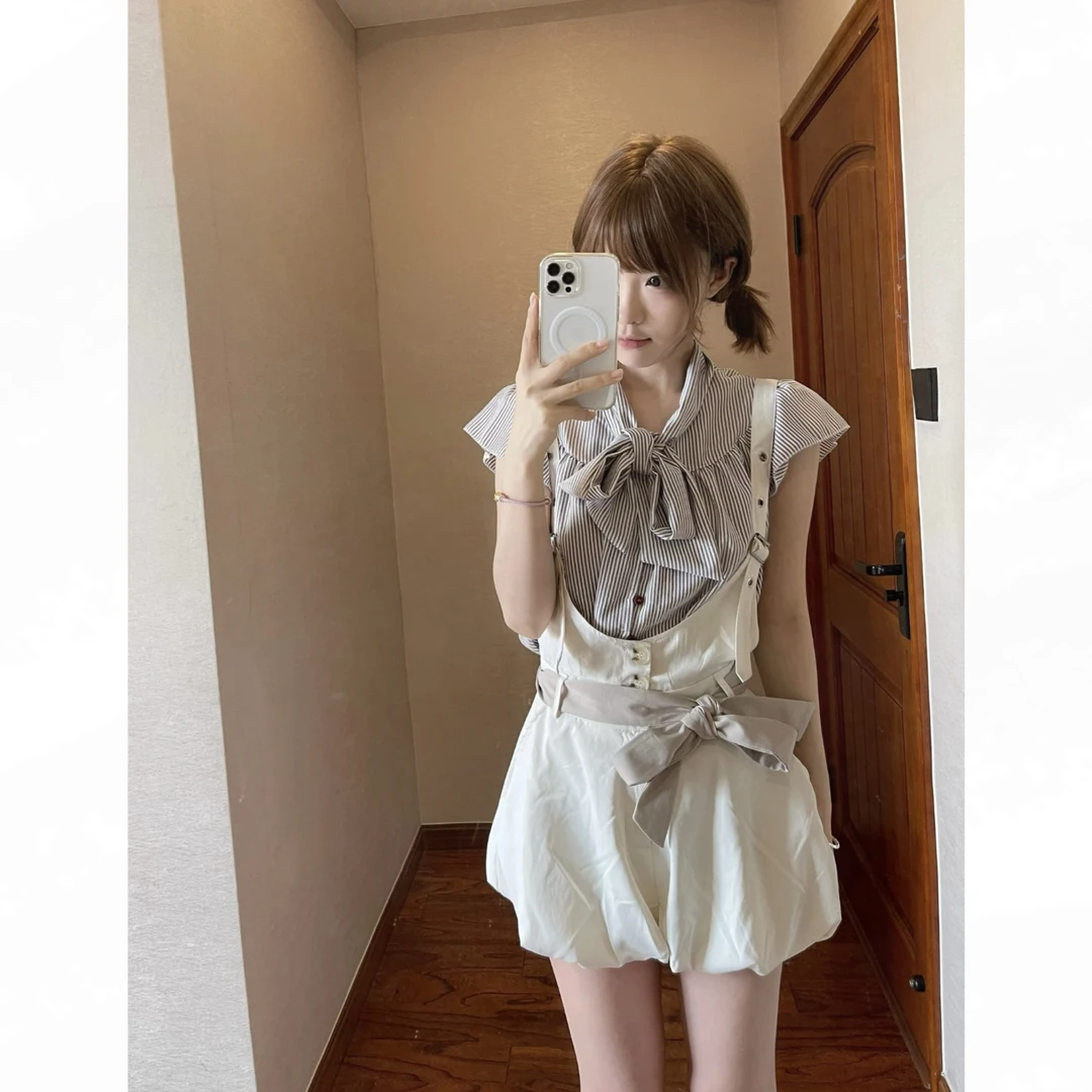 艺术系法则-俏皮日系时髦蝴蝶结绑带衬衫花苞收腰甜美背带裤