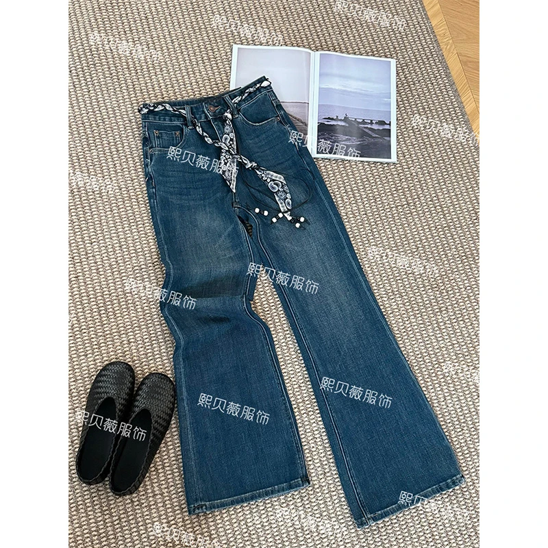 熙贝薇 欧货丝巾腰绳复古高腰四面弹高腰塑型牛仔喇叭裤 G5099