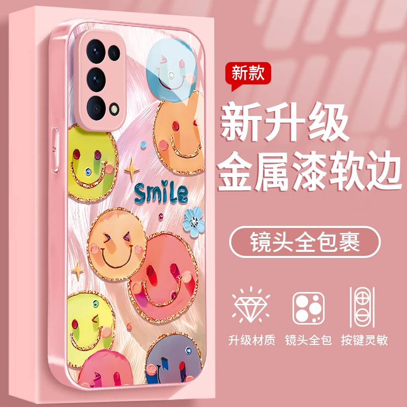 镀边笑脸适用于OPPO Reno5手机壳金属漆玻璃全包防摔潮流女款ins